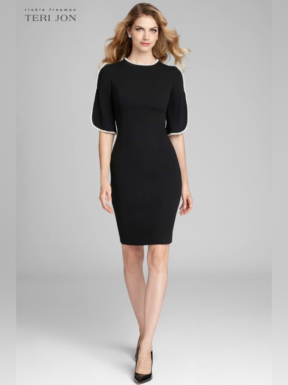 Rickie Freeman For Teri Jon New Embellished Pearl Trim Crepe Sheath Dress Size 6